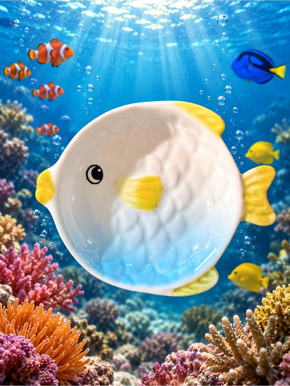 Ceramic Fish Dish in White and Yellow